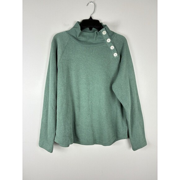 J Crew Mock Neck Sweater Top Green Side Button Cotton Long Sleeve Sweatshirt L - Picture 1 of 7